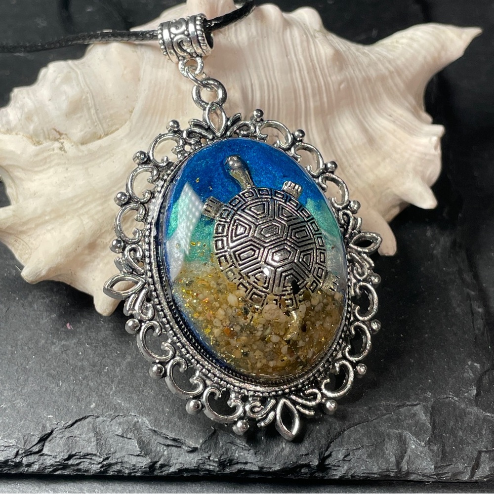 SoCal Sand Custom Made Turtle Pendant With Blue Green And Gold Accents - Picture 4 of 11